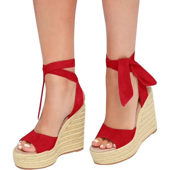 Women's Dark Red Wedges Open Ankle Strap Toe Tie Lace Up Sandals Heels Shoes - Picture 3 of 5